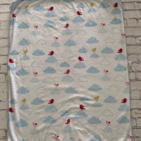 Circo White Clouds Soft Fleece Blue‎ Sherpa Back Baby Blanket Pink Green Birds - Picture 1 of 16